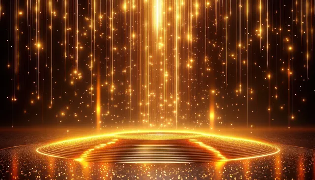 A glowing golden circular platform is illuminated by vertical streams of sparkling light particles in a dark futuristic setting.