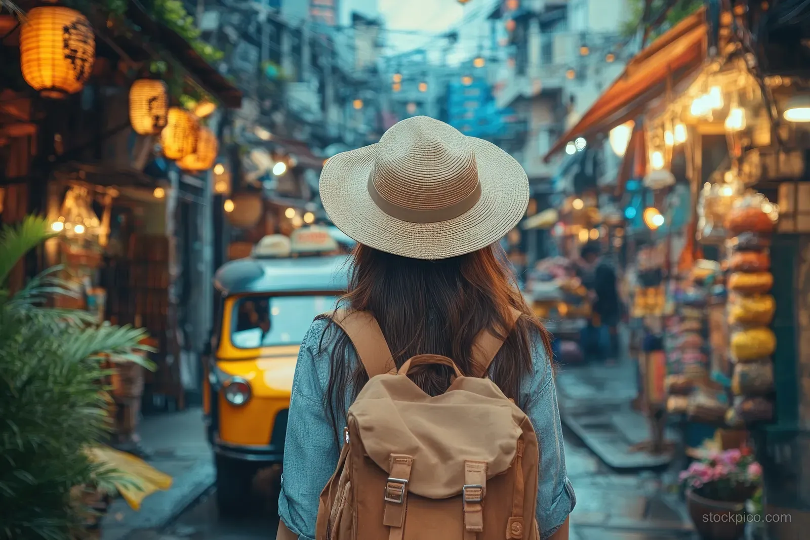 Backpacker woman with a wide-brimmed hat walks past colorful stalls in a Bangkok market street at dusk.
