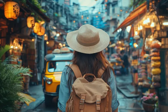 Backpacker woman with a wide-brimmed hat walks past colorful stalls in a Bangkok market street at dusk.