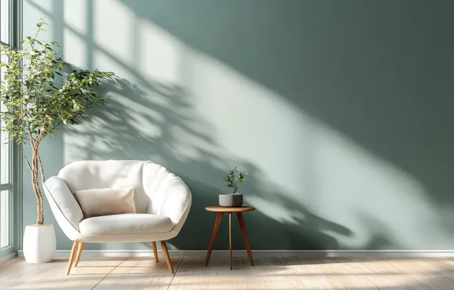 Minimalist Scandinavian room corner with an armchair, small side table, and a potted plant in sunlight.