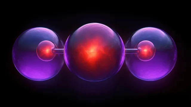 A glowing purple molecular model shows three large spheres connected by rods to smaller red spheres on a dark background.