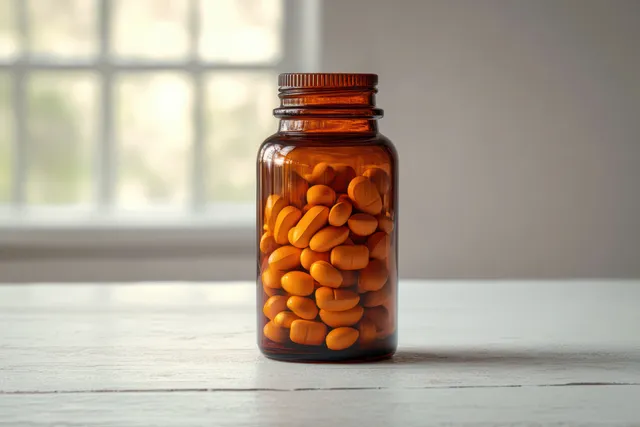 Brown glass pill bottle with orange oval tablets on white wooden table near bright window light
