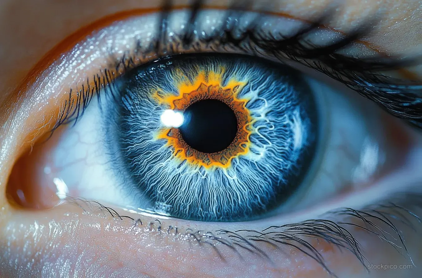 Extreme close-up of a human eye showing a bright blue iris with an orange ring and visible eyelashes.