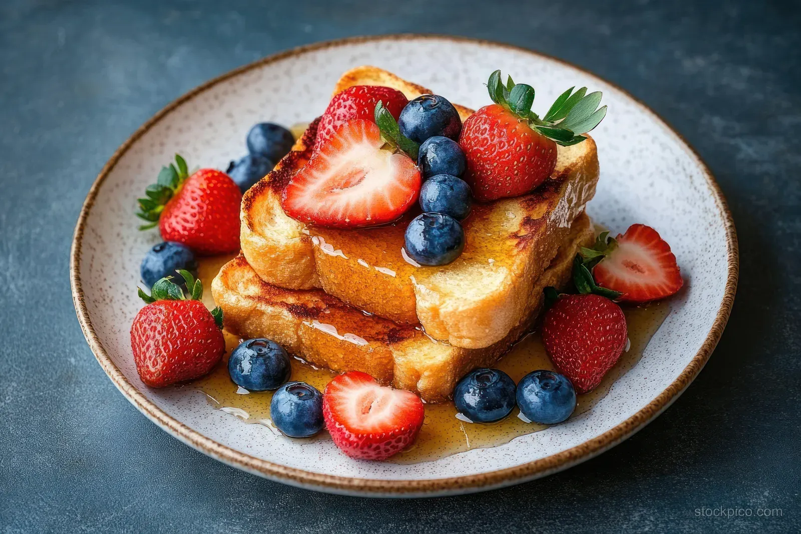 Golden French toast on a white plate topped with strawberries, blueberries, and syrup drizzle against a dark blue background.