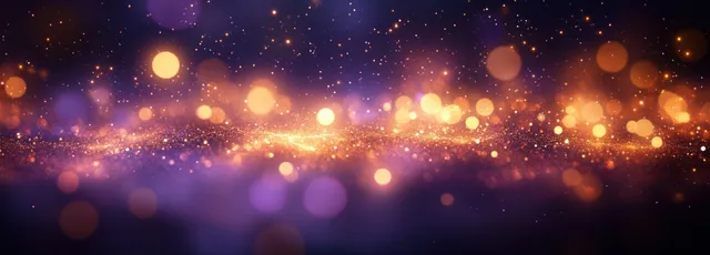 Purple and gold bokeh orbs swirl across a glowing cosmic night background.