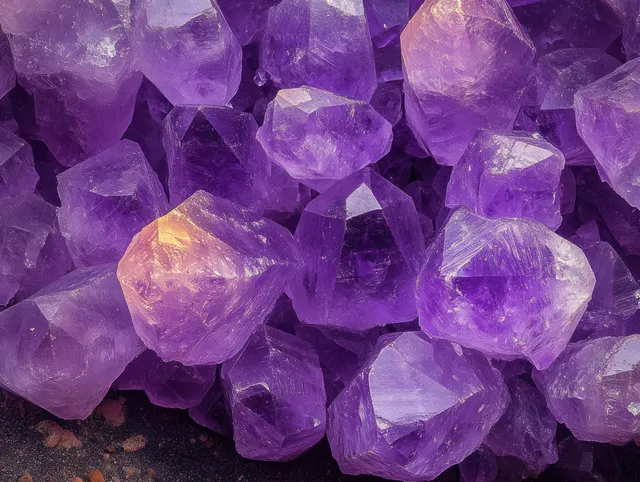 A close-up of rough purple crystal pieces with translucent facets and violet color reflections.