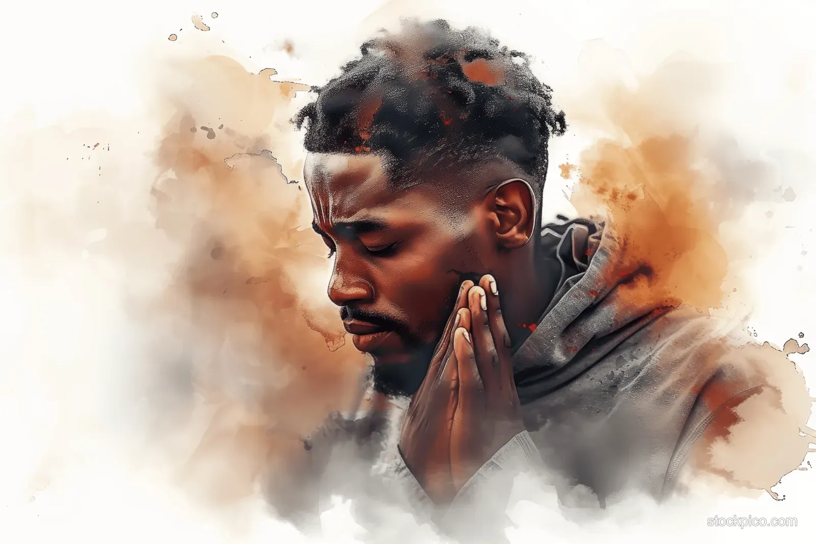 Watercolor portrait of a young Black man praying with clasped hands and closed eyes on a white background.