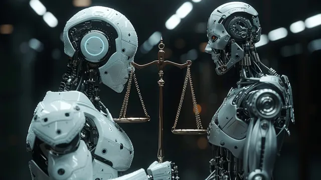 Two humanoid robots face a glowing scales of justice in a dark cyberpunk setting with bright corridor lights.