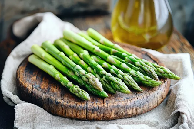 Fresh green asparagus spears rest on a rustic wooden cutting board beside beige cloth with a blurred glass bottle in background.
