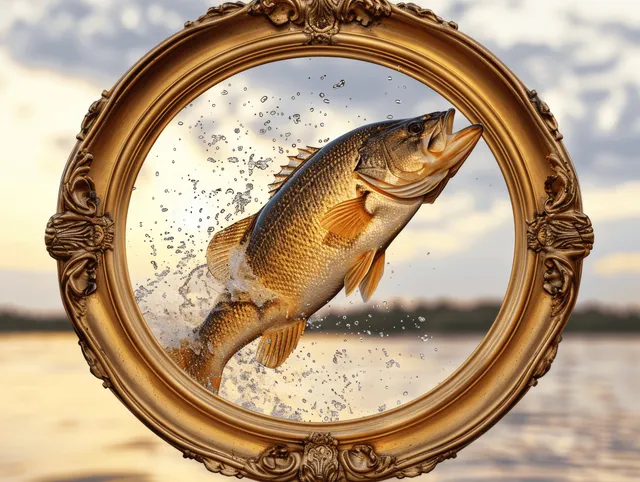 Golden hour bass fish leaps from lake water, splashing inside ornate frame