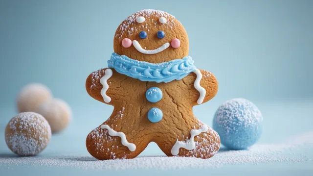 Smiling gingerbread man cookie with white icing and blue scarf standing on snowy ground against a light blue background.