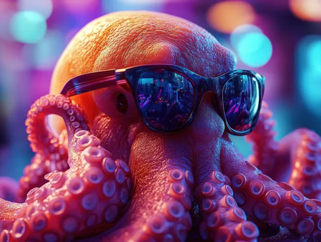 Close-up octopus portrait wearing reflective sunglasses in neon cyber underwater glow