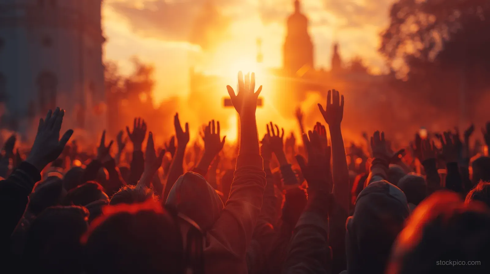 Silhouetted crowd raising hands during sunset with orange and yellow sky and distant skyline.