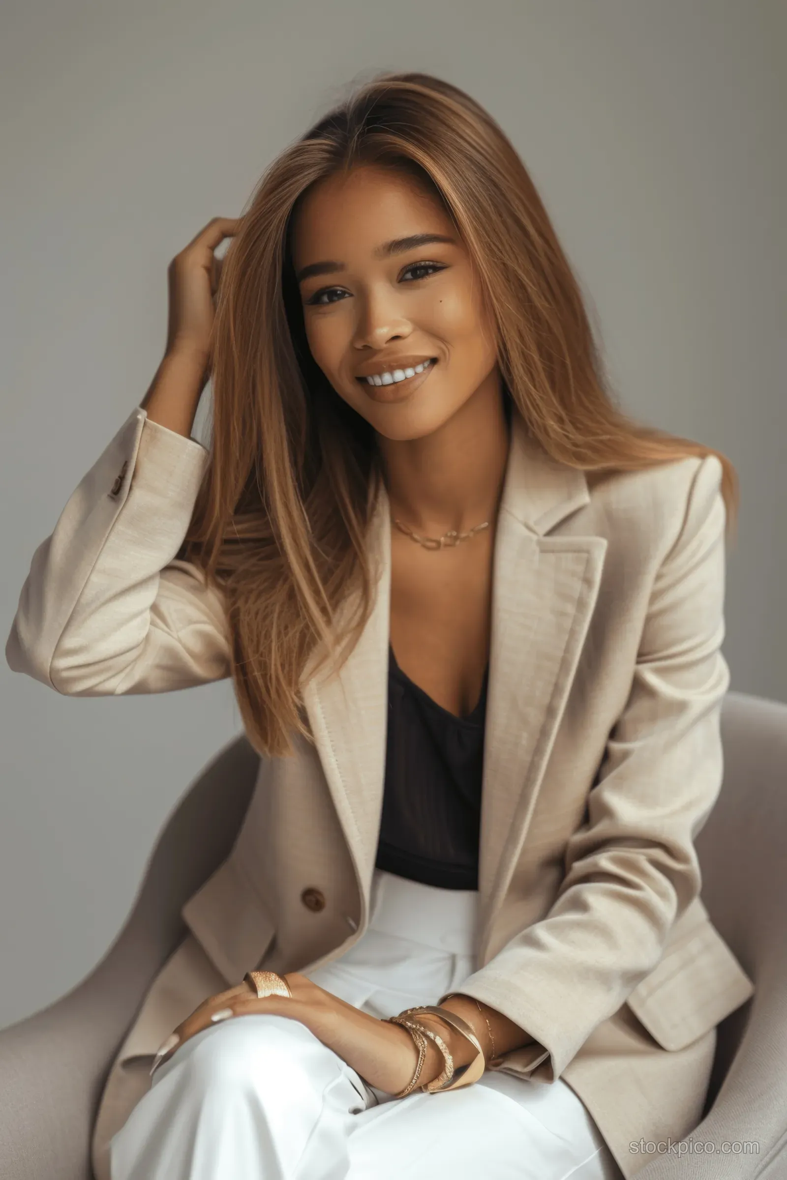 Woman in a beige blazer and black top smiling while posing in soft natural light on a neutral background.