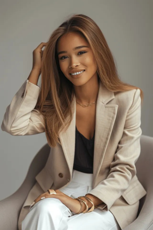 Woman in a beige blazer and black top smiling while posing in soft natural light on a neutral background.