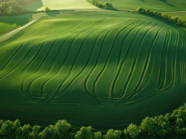 Aerial view of green farmland with curved crop rows on rolling hills bordered by trees in soft sunlight.