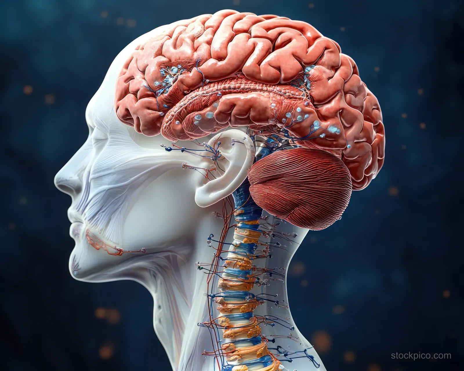 A labeled profile view shows the human brain and spinal cord with translucent internal structures and vertebrae.