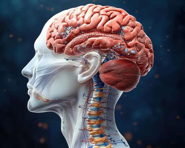 Labeled human brain and spinal cord anatomical diagram in profile with vivid translucent overlays
