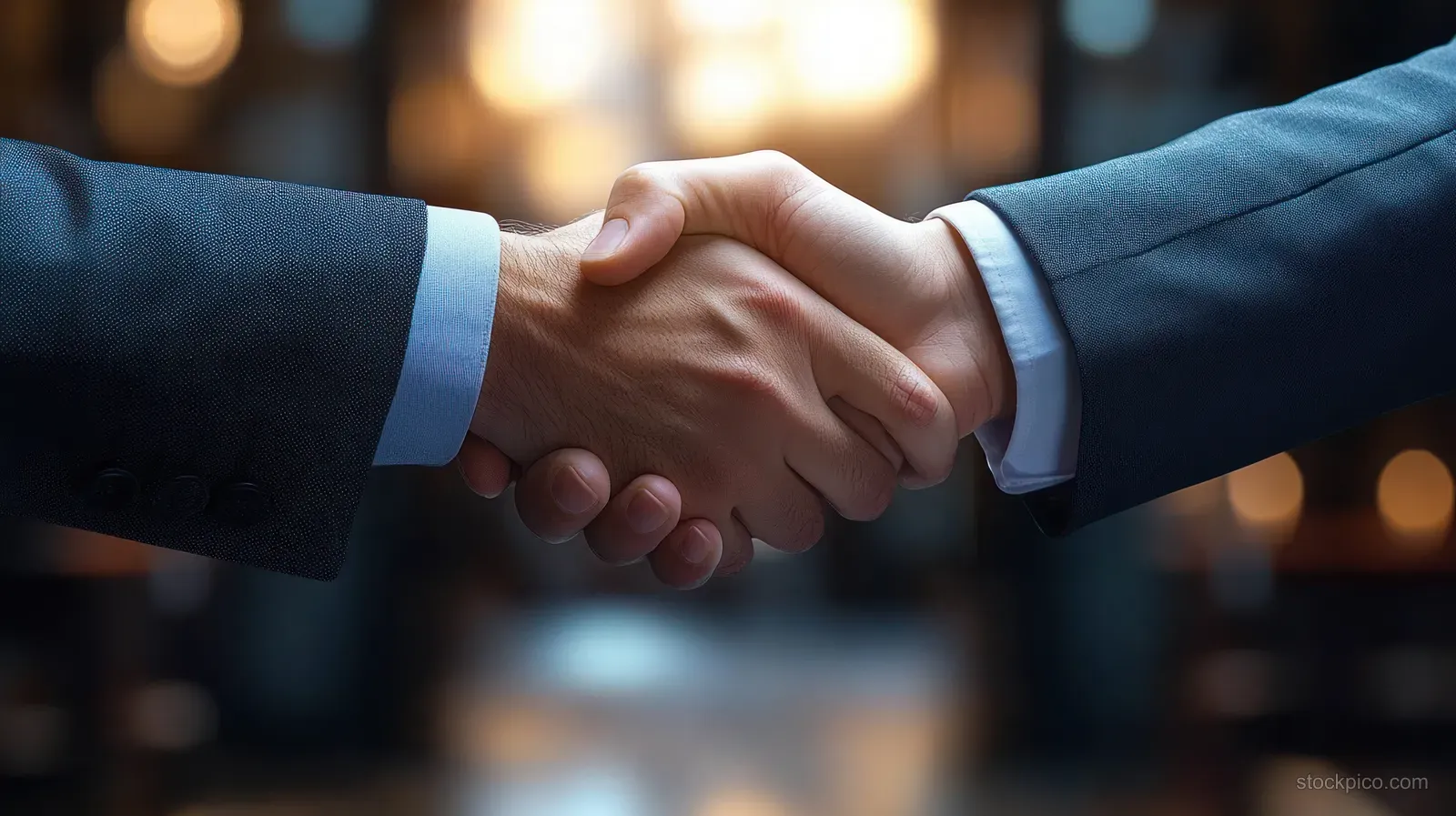 Two suited businesspeople shake hands in an office with warm blurred lights behind them.
