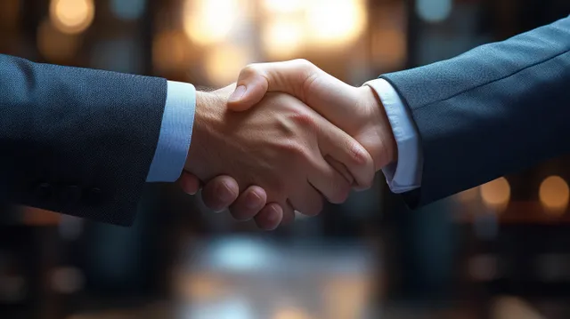 Two suited businesspeople shake hands in an office with warm blurred lights behind them.