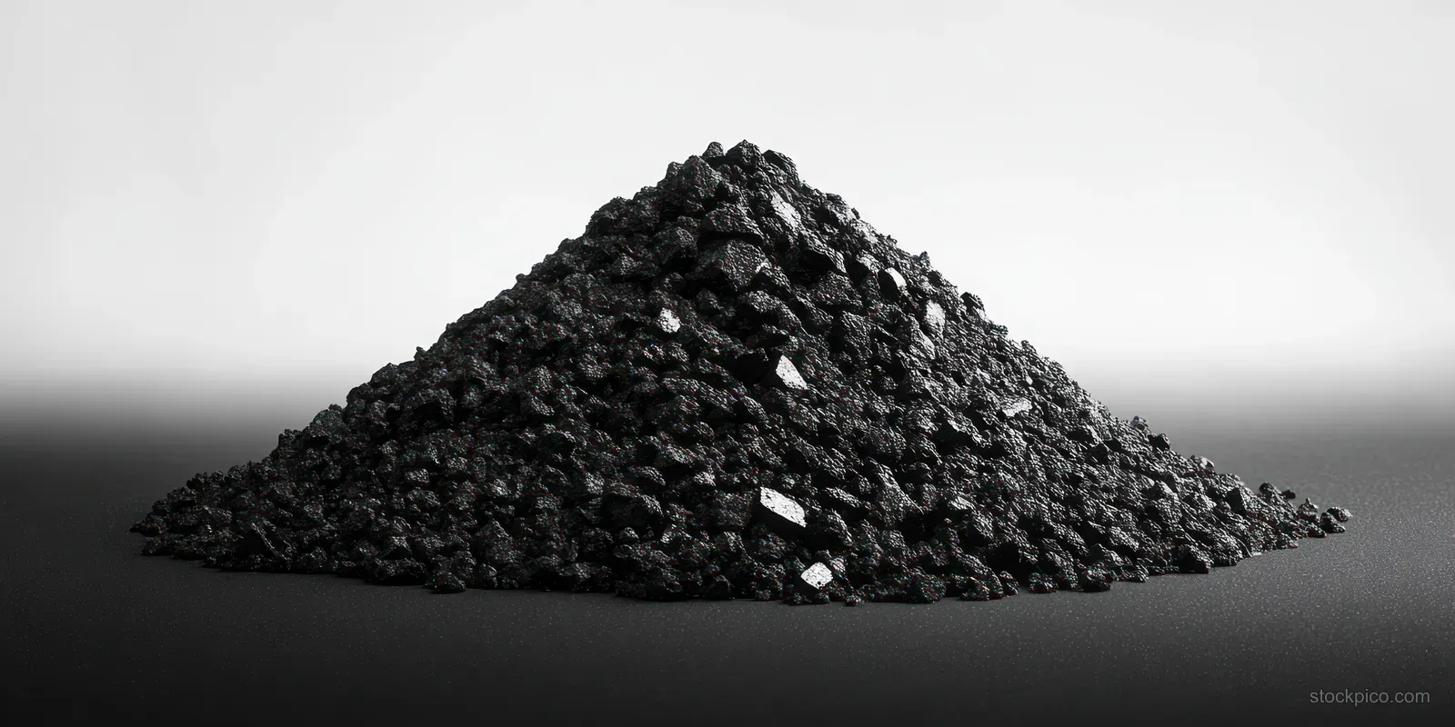 A high-contrast monochrome heap of coal sits on a dark studio floor with sharp shadows.