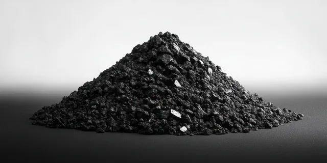 A high-contrast monochrome heap of coal sits on a dark studio floor with sharp shadows.