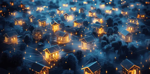 Night aerial view of suburban houses with glowing network lines and IoT node lights between homes.