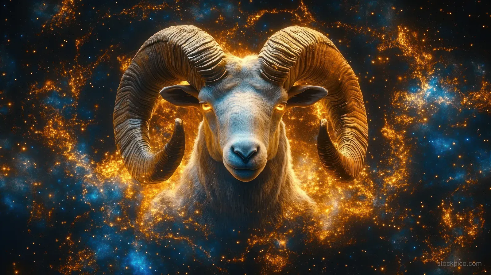 A ram with glowing curved golden horns faces forward amid an orange-blue star and nebula background.