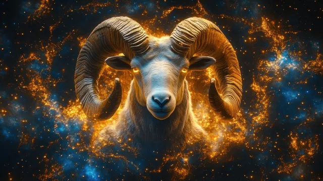A ram with glowing curved golden horns faces forward amid an orange-blue star and nebula background.