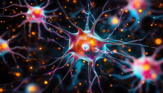 Glowing neuron with branching connections and bright synapse sparks across a multicolored brain network visualization.