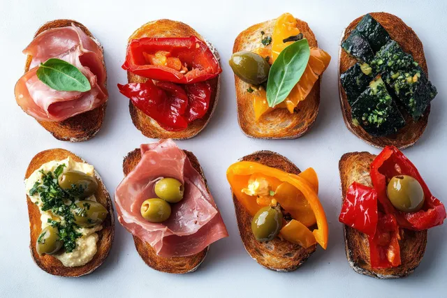 Eight toasted bread slices on a white background topped with cured ham, roasted peppers, olives, greens, and creamy spread.