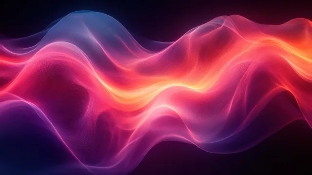 Glowing neon wavy ribbons with purple, magenta, and orange gradients undulate on a dark background.