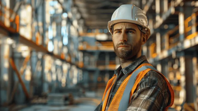 A construction foreman walks through an indoor building site corridor wearing a high-vis vest and hard hat.
