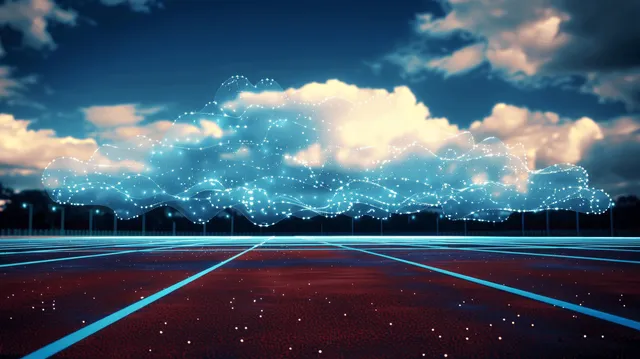 Glowing digital cloud with network nodes hovering above road grid at dusk