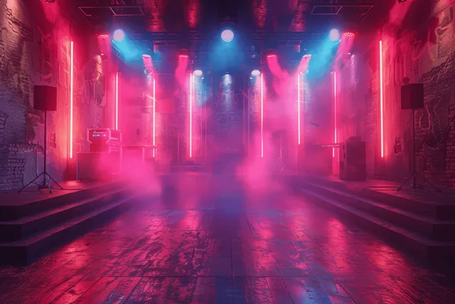 Empty neon concert stage with red and blue spotlights and glowing haze filling a dark venue at night.