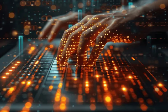 Glowing code streams on server racks with a protective shield motif in data center
