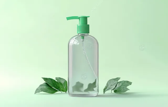 Clear soap bottle with a green pump standing on a mint background beside green leaves.