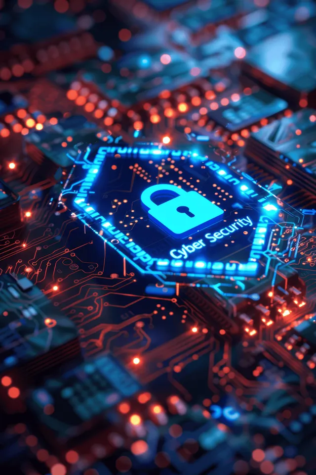 Glowing padlock security icon inside a blue circuit board network with surrounding data lines.