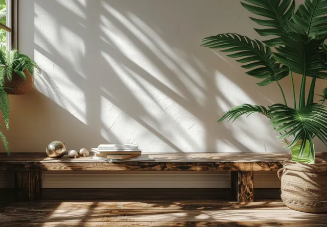 Sunlit minimalist room interior with wooden console table, stacked books, and palm leaves casting shadows on a neutral wall.