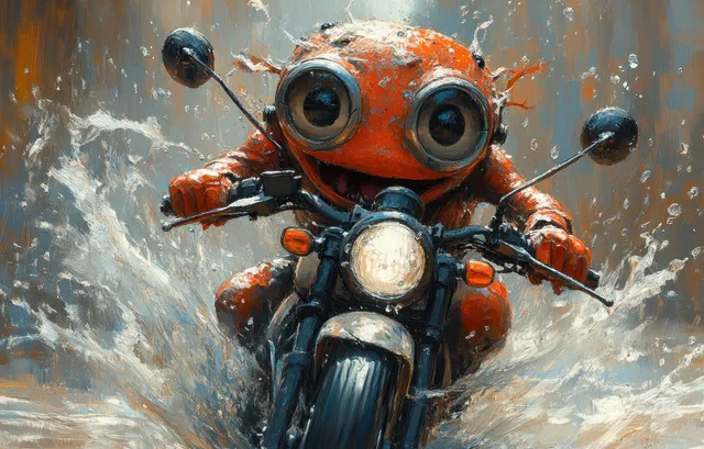 Orange robot creature with huge eyes speeds on a motorcycle as water splashes behind it.