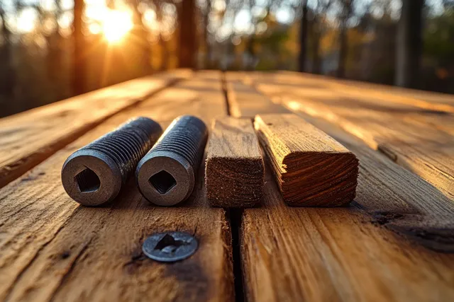 Rustic wooden deck planks with drill bits and screws arranged on a sunlit table outdoors.