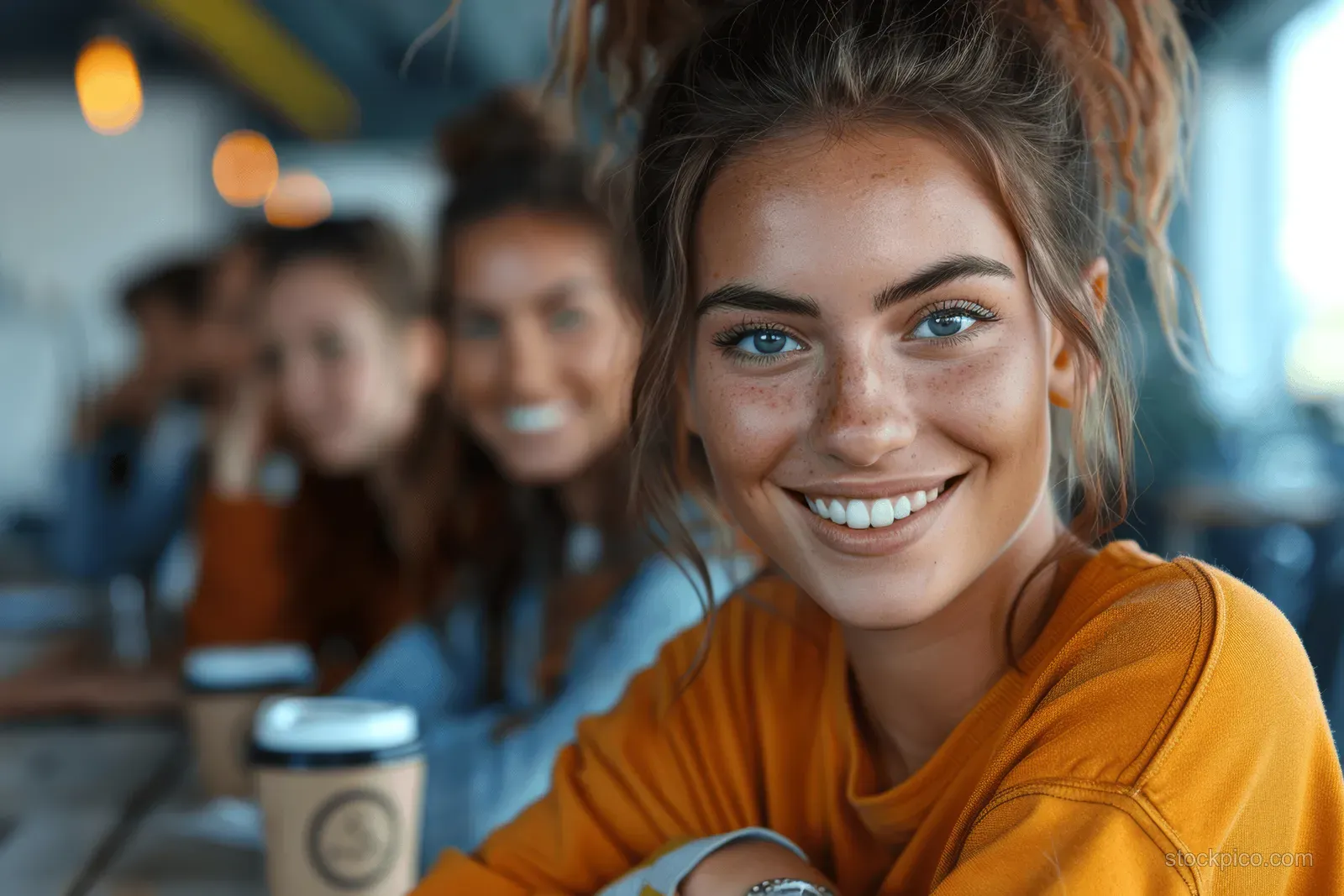 A smiling woman in an orange hoodie sits at a desk with coffee mugs while coworkers blur behind her in a meeting.