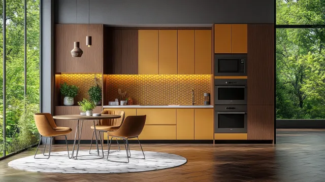 Dining table with chairs in front of yellow kitchen cabinetry and black built-in ovens under large window light.