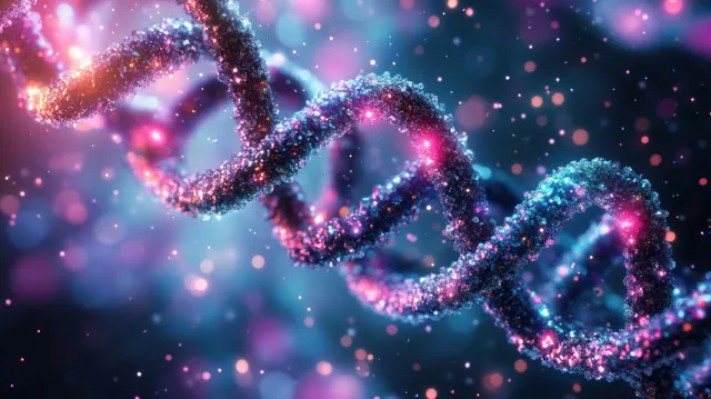 A glowing 3D DNA double helix with pink and blue particle sparks floating on a dark background.