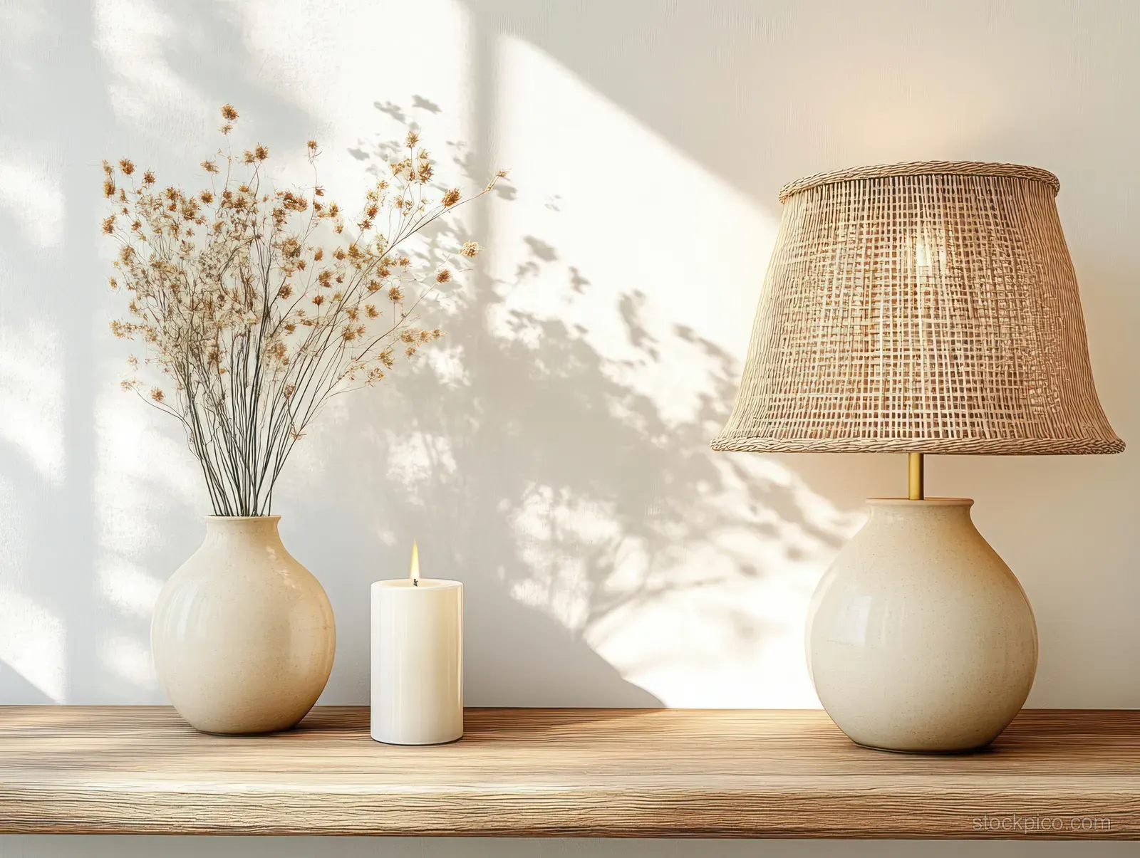 A wooden shelf holds a beige vase of dried flowers, a white candle, and a woven lamp in soft daylight.