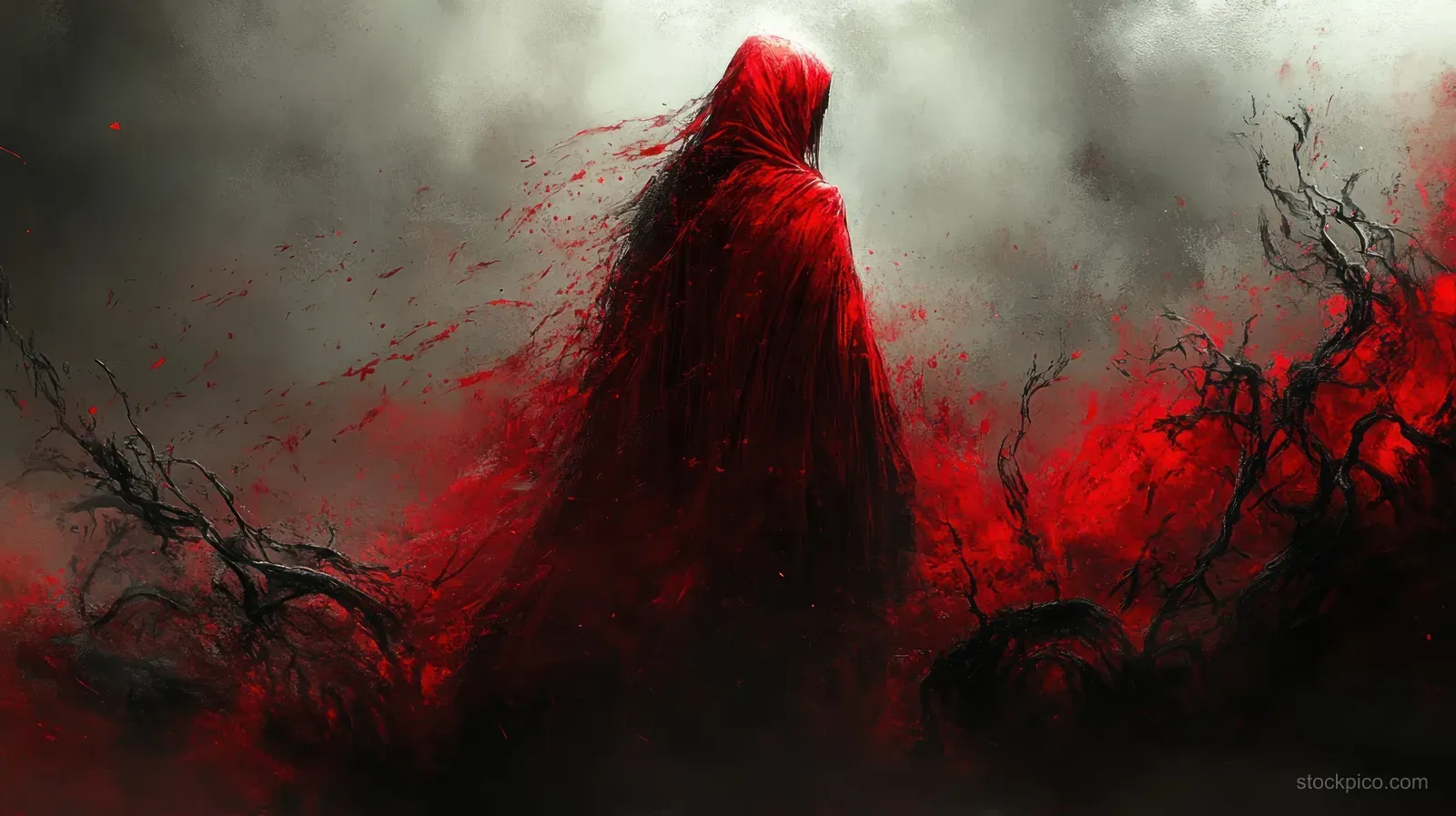 A crimson-robed demon figure stands in smoky darkness as red light and twisted branches surround it.