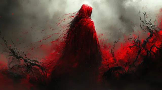 A crimson-robed demon figure stands in smoky darkness as red light and twisted branches surround it.
