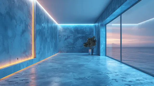Empty blue showroom room with neon light strips and a doorway opening to a misty ocean horizon.