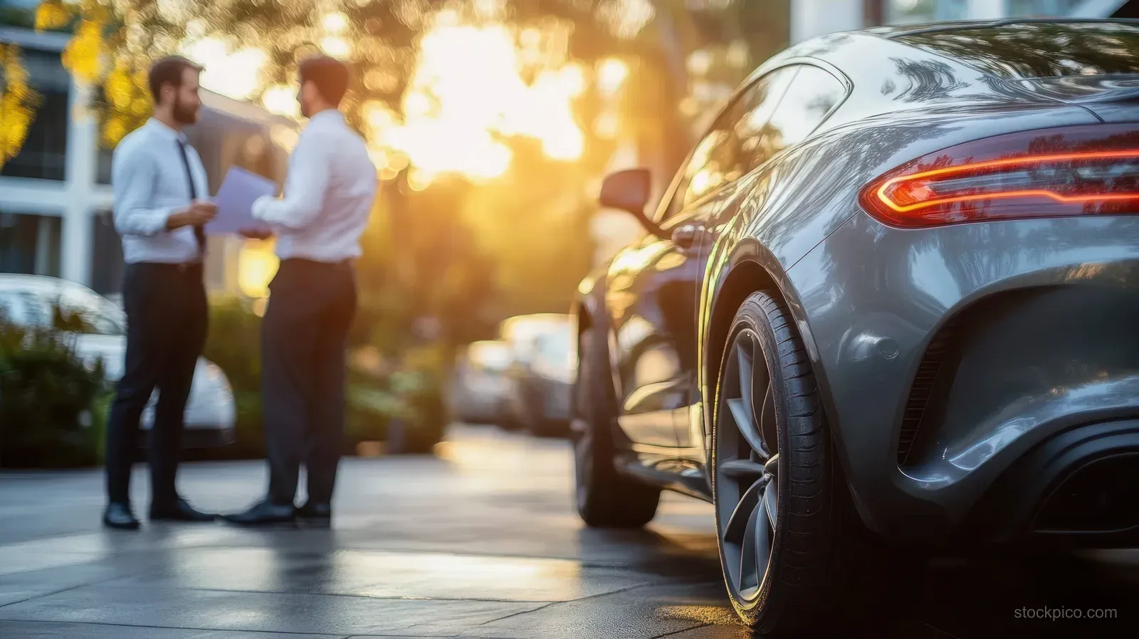 Luxury car parked on a sunset-lit city street with two businessmen talking in the blurred background.