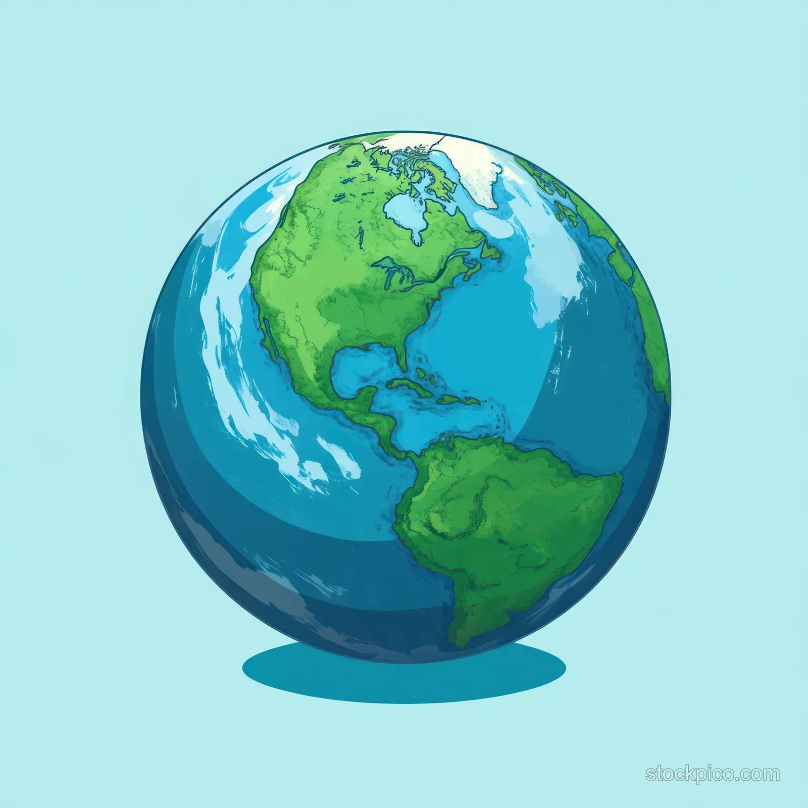 Illustrated Earth globe showing North and South America continents with blue oceans on a light blue background.